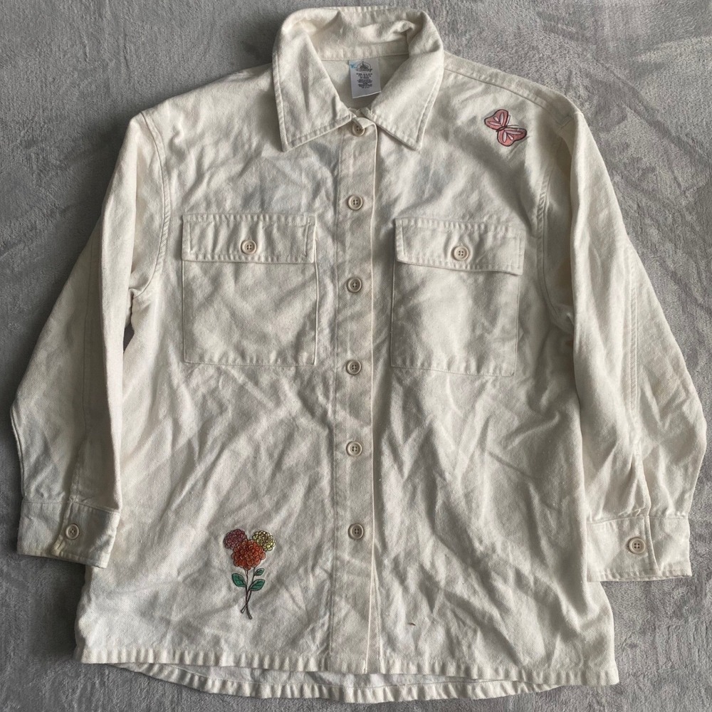 Disney Parks Grow Happiness Embroidered Button Up Shirt Cream Womens Medium